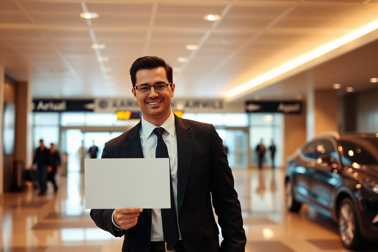 Chauffeur professionnel avec pancarte aux arrivées de l'aéroport