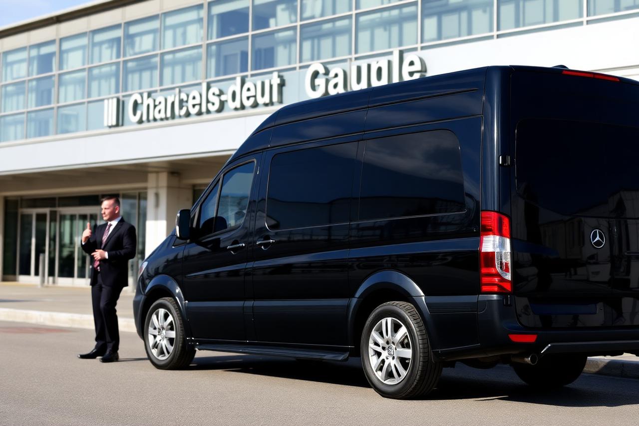 Van Mercedes noir devant l'aéroport Charles de Gaulle